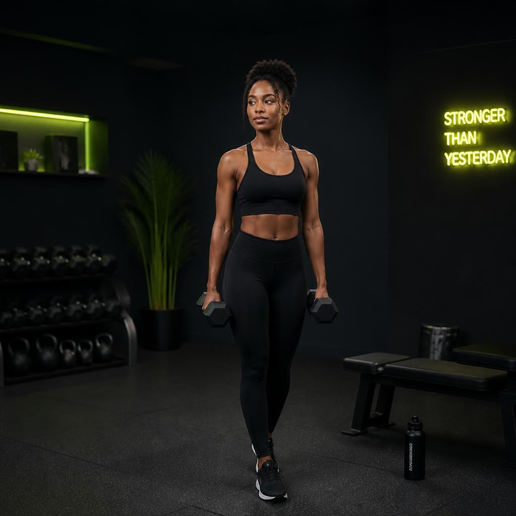 Person training with a dumbbell in a modern home gym